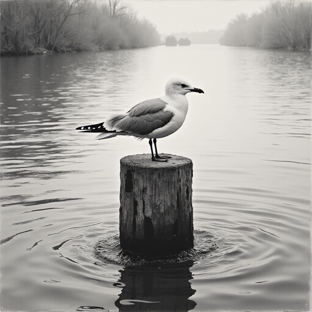 Dreamlike Scratchboard Seagull on Weathered Channel Marker