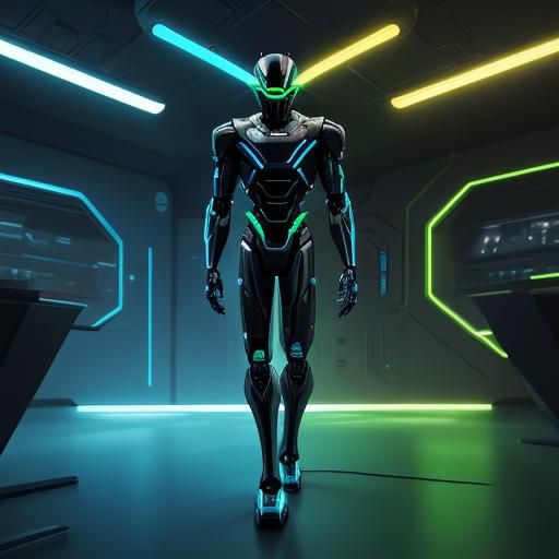 Futuristic Robot in Neon Laboratory, Syd Mead Style