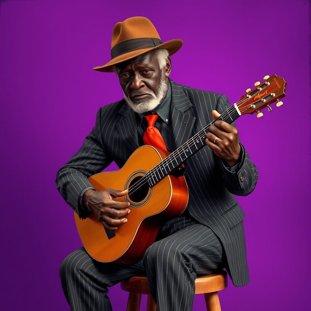 Man in Fedora Plays Guitar in Digital Painting Style