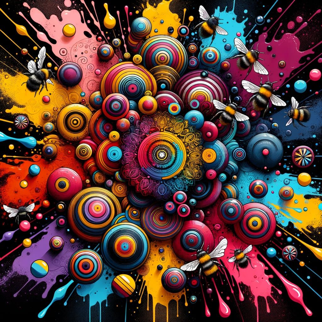 Colorful Spirograph with Bumblebees in Graffiti Style