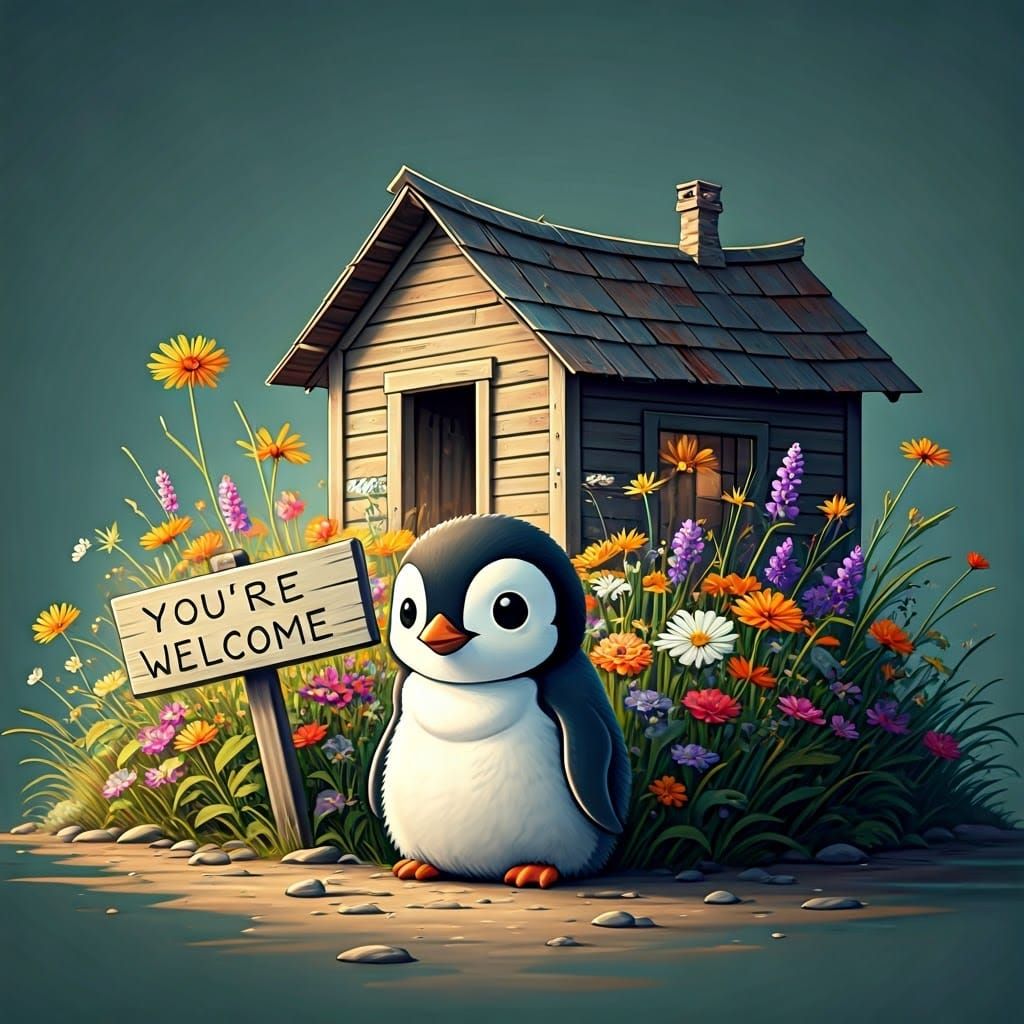 Chibi Penguin Welcomes You with Wildflowers