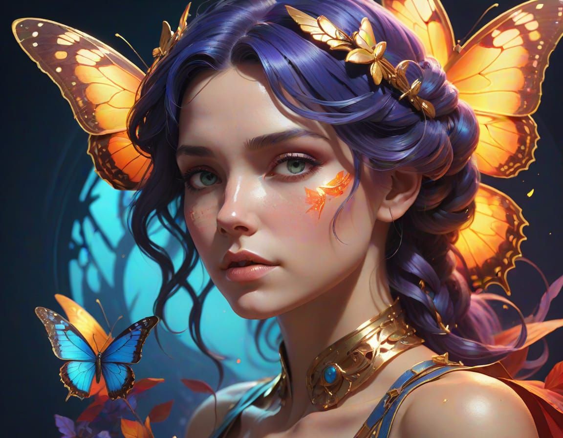 Surreal Butterfly Portrait in Vibrant Iridescent Colors