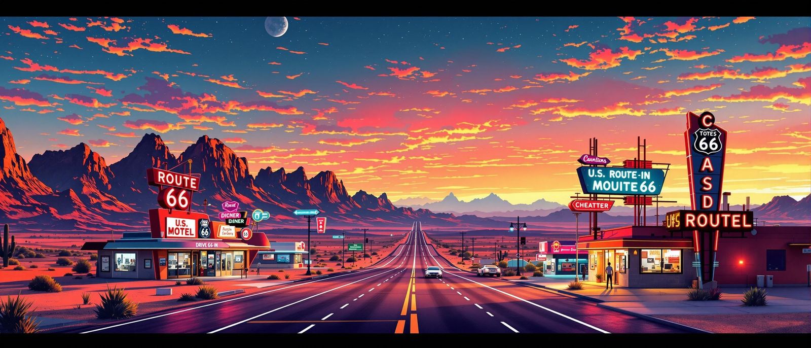 U.S. Route 66 Sunset: Retro-Futuristic Desert Vista