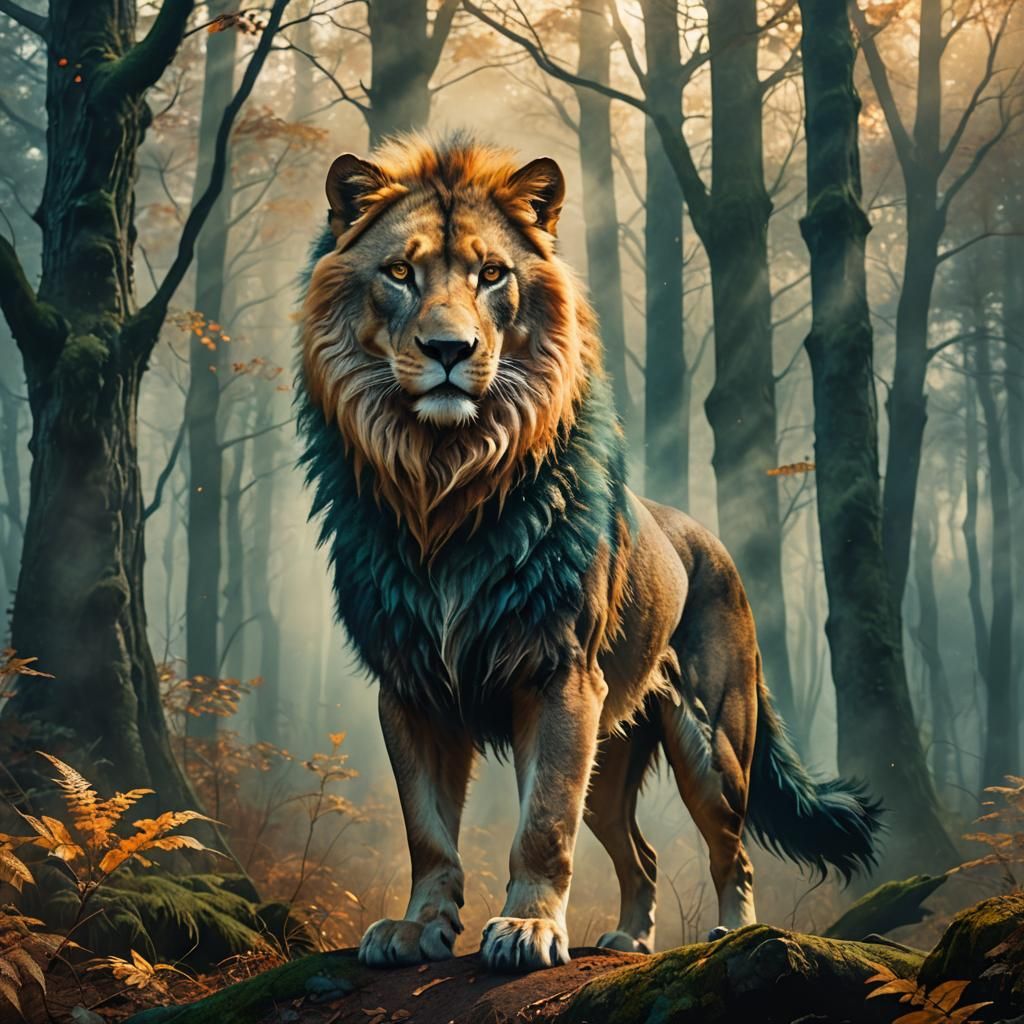 Wolf-Lion Creature in Misty Forest: Matte Painting