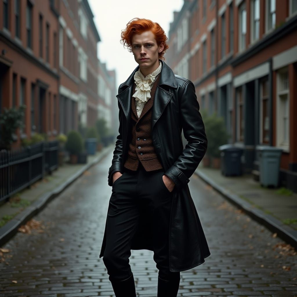 Victorian Man on Cobblestone Street in Hyperrealistic Style