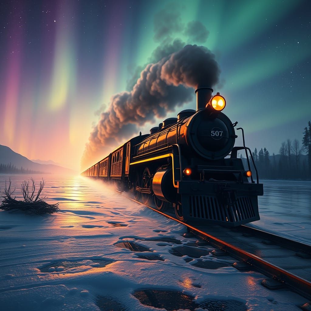 Steampowered Train on Thin Ice Under Northern Lights