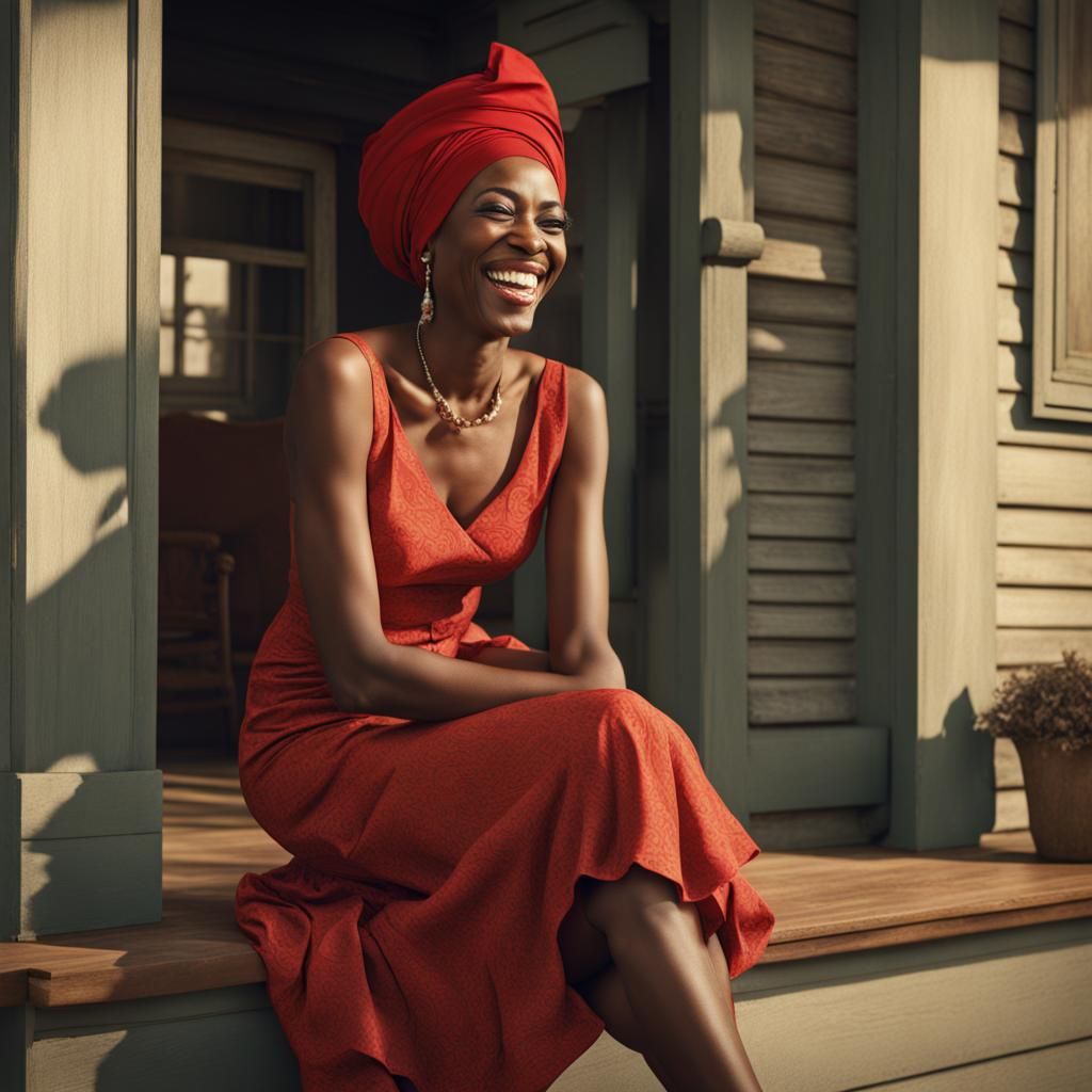 Elegant Woman in Red Turban Laughing on Porch