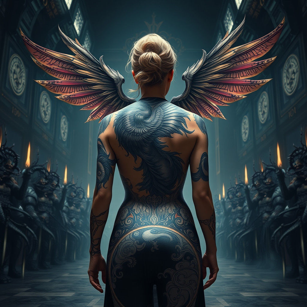 Valkyrie Tattoo Art in a Dark Fantasy Hall