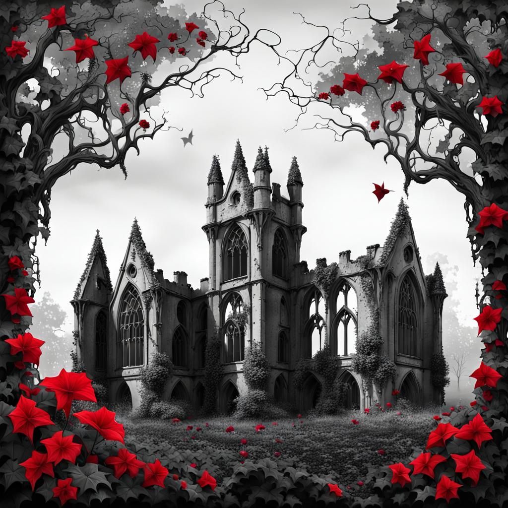 Monochrome Gothic Building with Ivy and Flowers