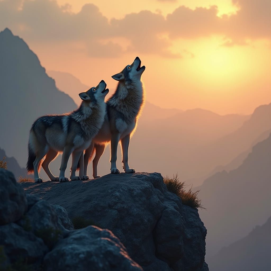 Wolf Pack Howling at Golden Hour on Mountain