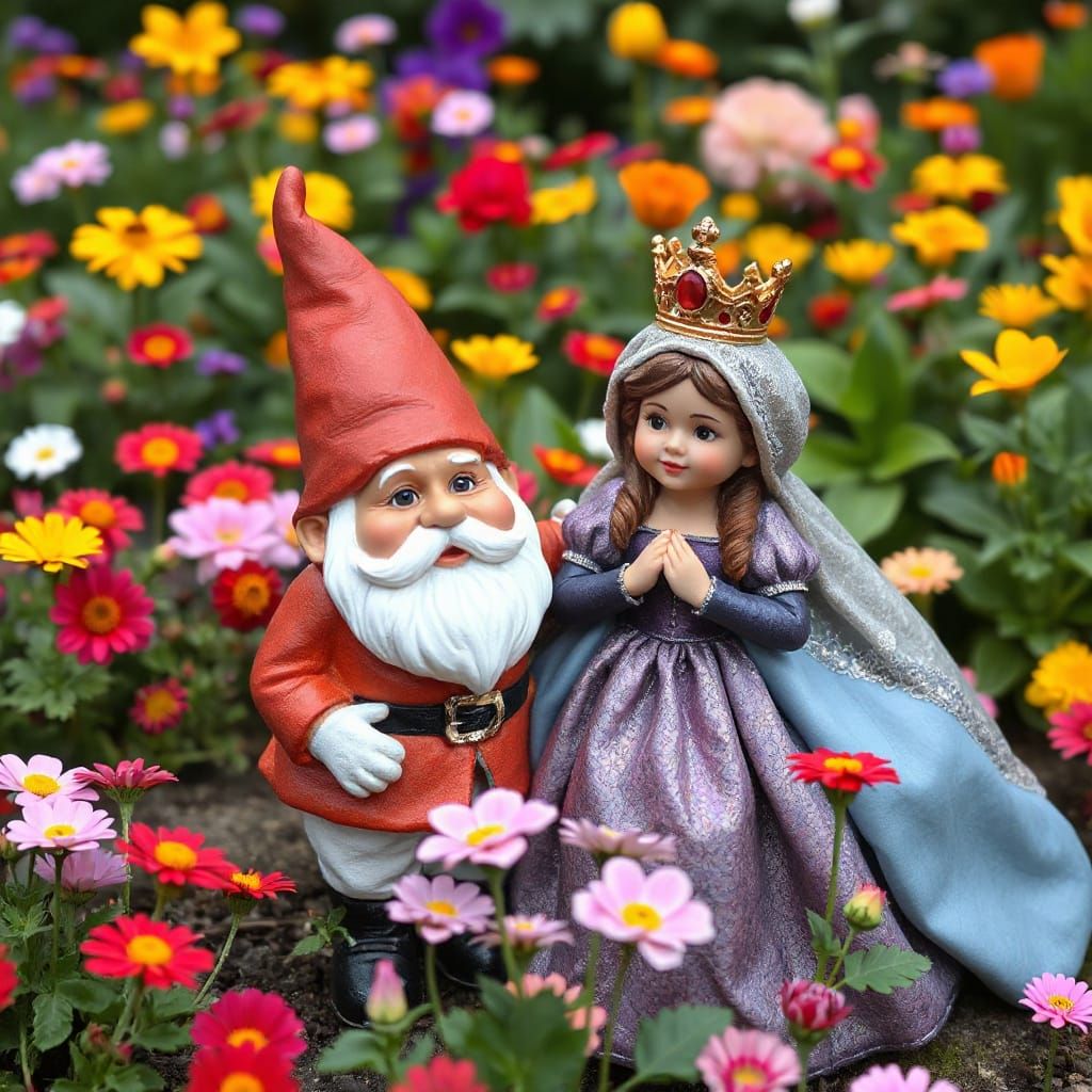 Garden Gnome and Queen in Vibrant Flowered Garden