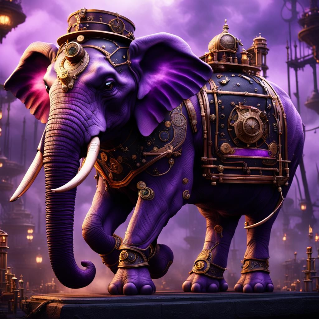 Steampunk Elephant with Purple Smoke in Detailed Digital Art