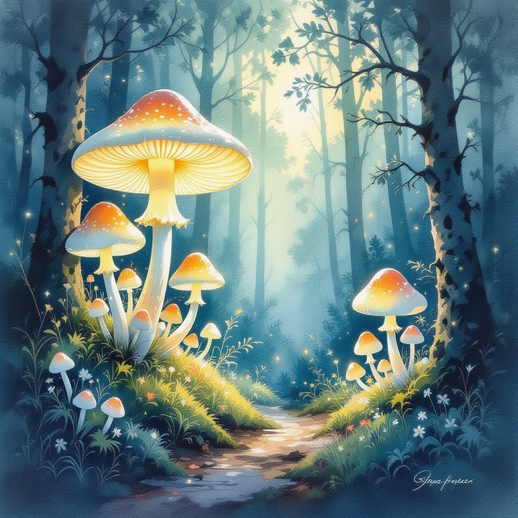 Surreal Forest Dreamscape in Vibrant Watercolor