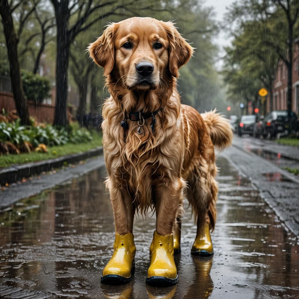 Golden Retriever Dog Wearing Rain Boots