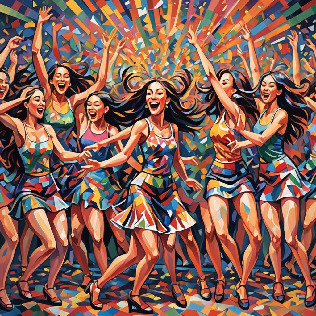 Energetic Dancers in Cubism Style, Vibrant Pop Art