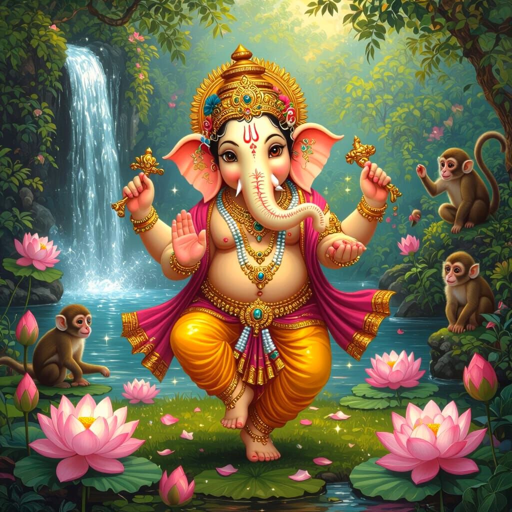 Ganesha Dancing Joyfully in Lush Garden: Miniature Painting