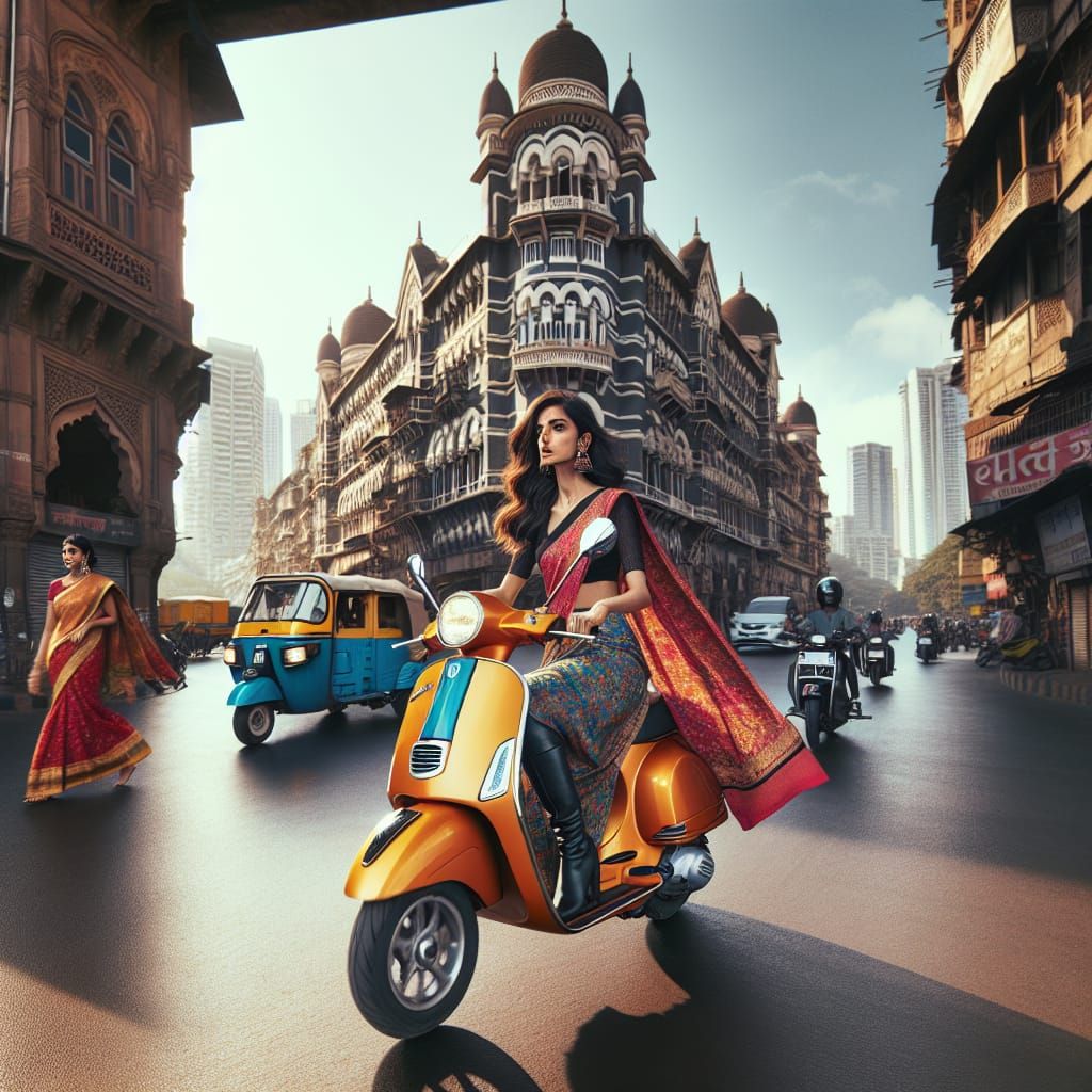 Woman in Sari Rides Vespa in Mumbai