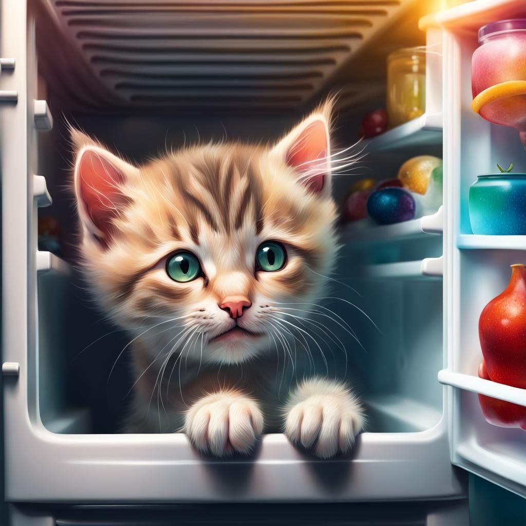 Kitten's Fridge Adventure: Hyperrealistic Digital Art