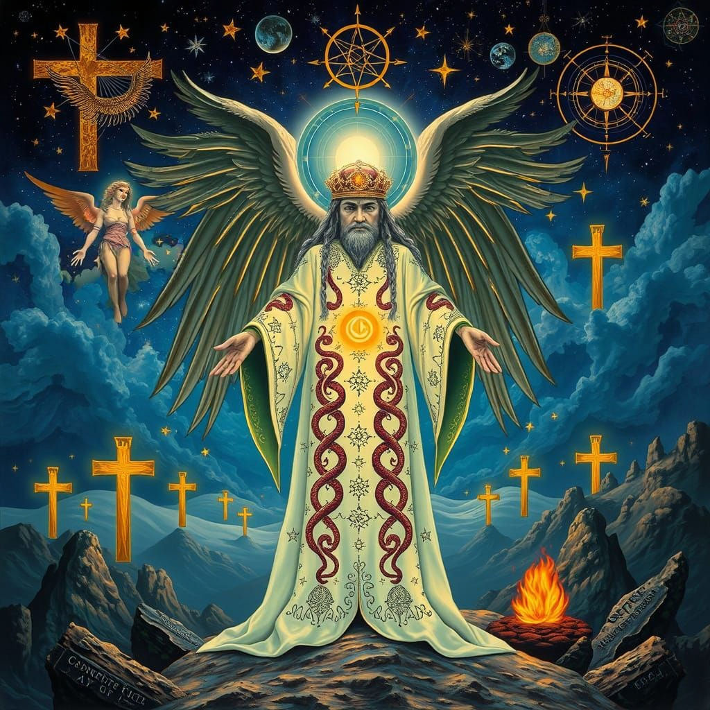 Mystical Mercurius in Surreal Alchemical Landscape