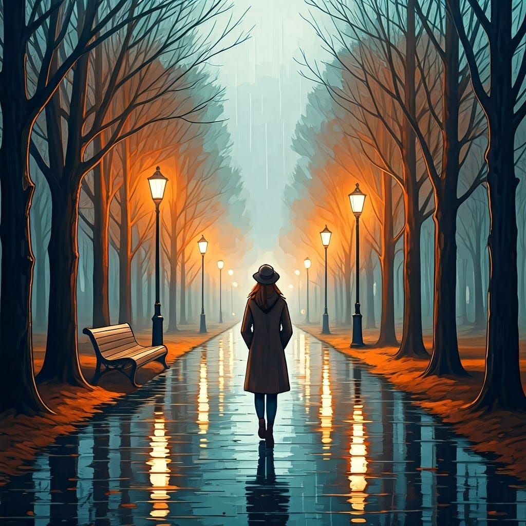 Woman in Nordic Park: Surrealist Watercolor Painting