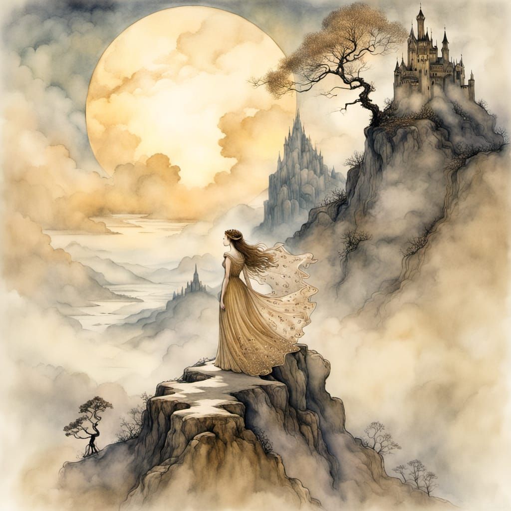 Princess and Banshee on Olympus in Watercolour Style