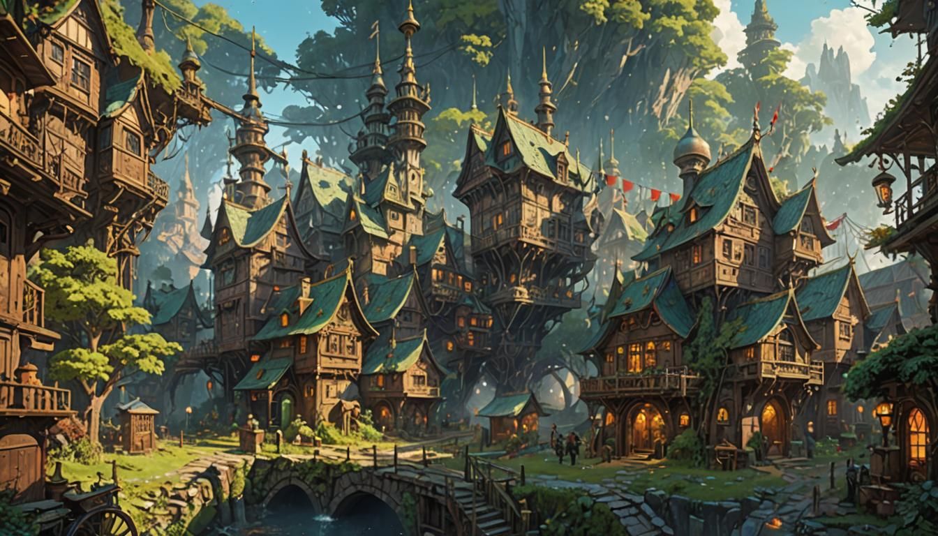 Steampunk Rococo Elven Village Digital Illustration