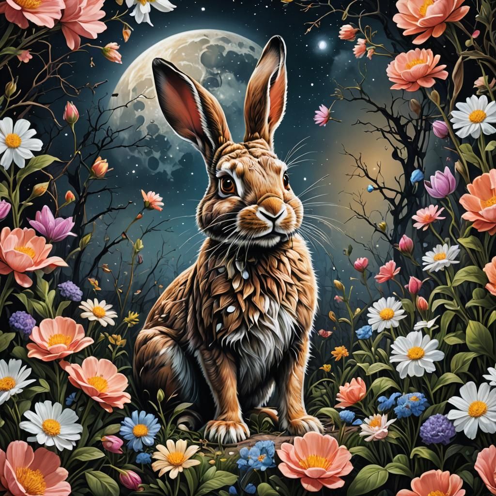 Rabbit and Spring Flower Moon in Photorealistic Style