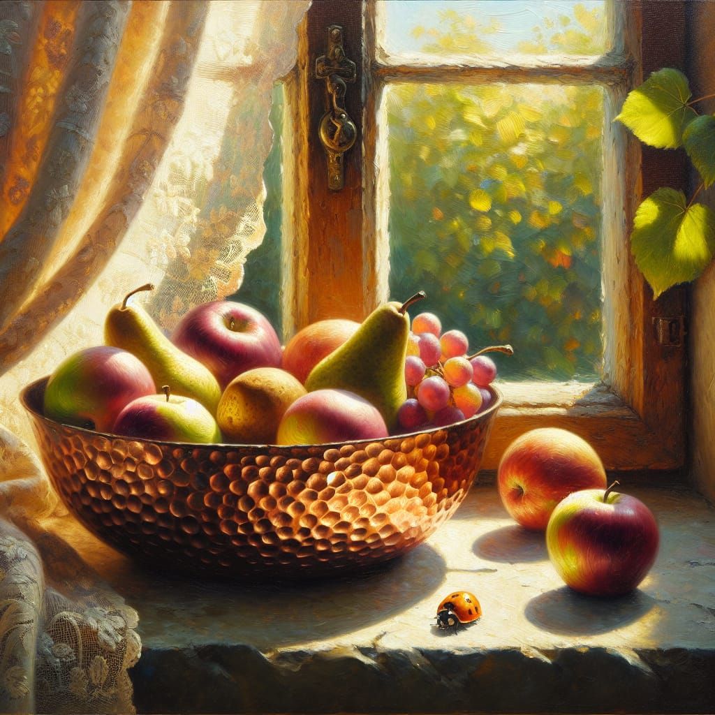 Impasto Masterpiece: Copper Bowl Filled with Fruits in a Sun...