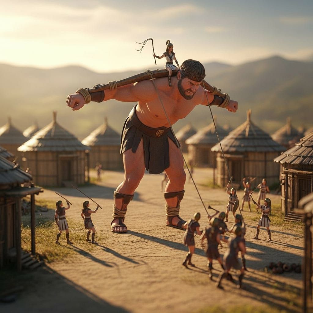 Giant Hercules Captured by Tiny Amazon Warriors