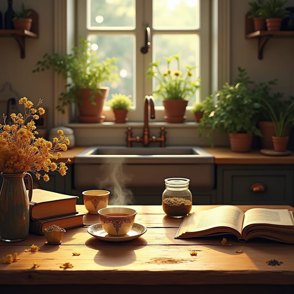 Cozy Kitchen with Warm Light and Whimsical Details