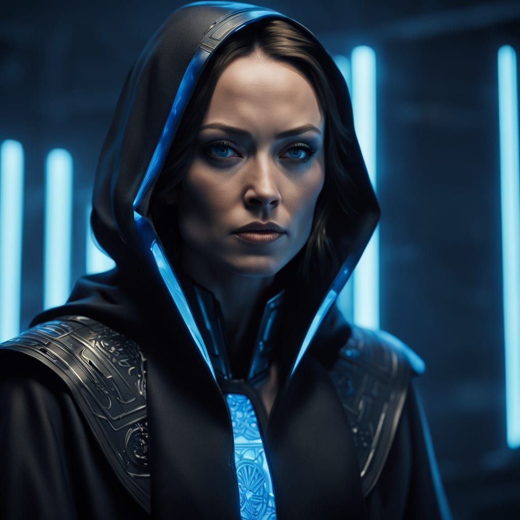 Olivia Wilde as Cyberpunk Jedi with Blue Lightsaber in Hyper...