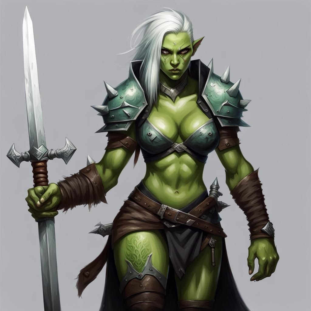 Muscular Orc Woman Warrior with Sword in D&D Style
