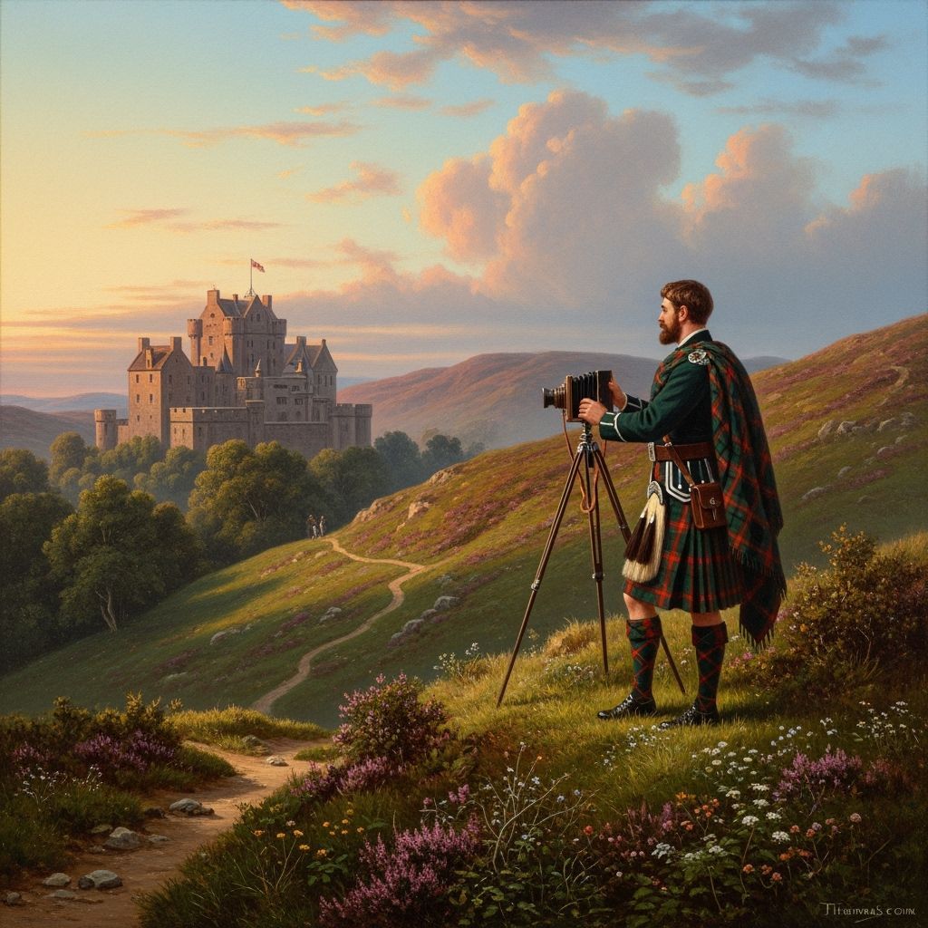Scottish Photographer with Castle, in Oil Painting Style