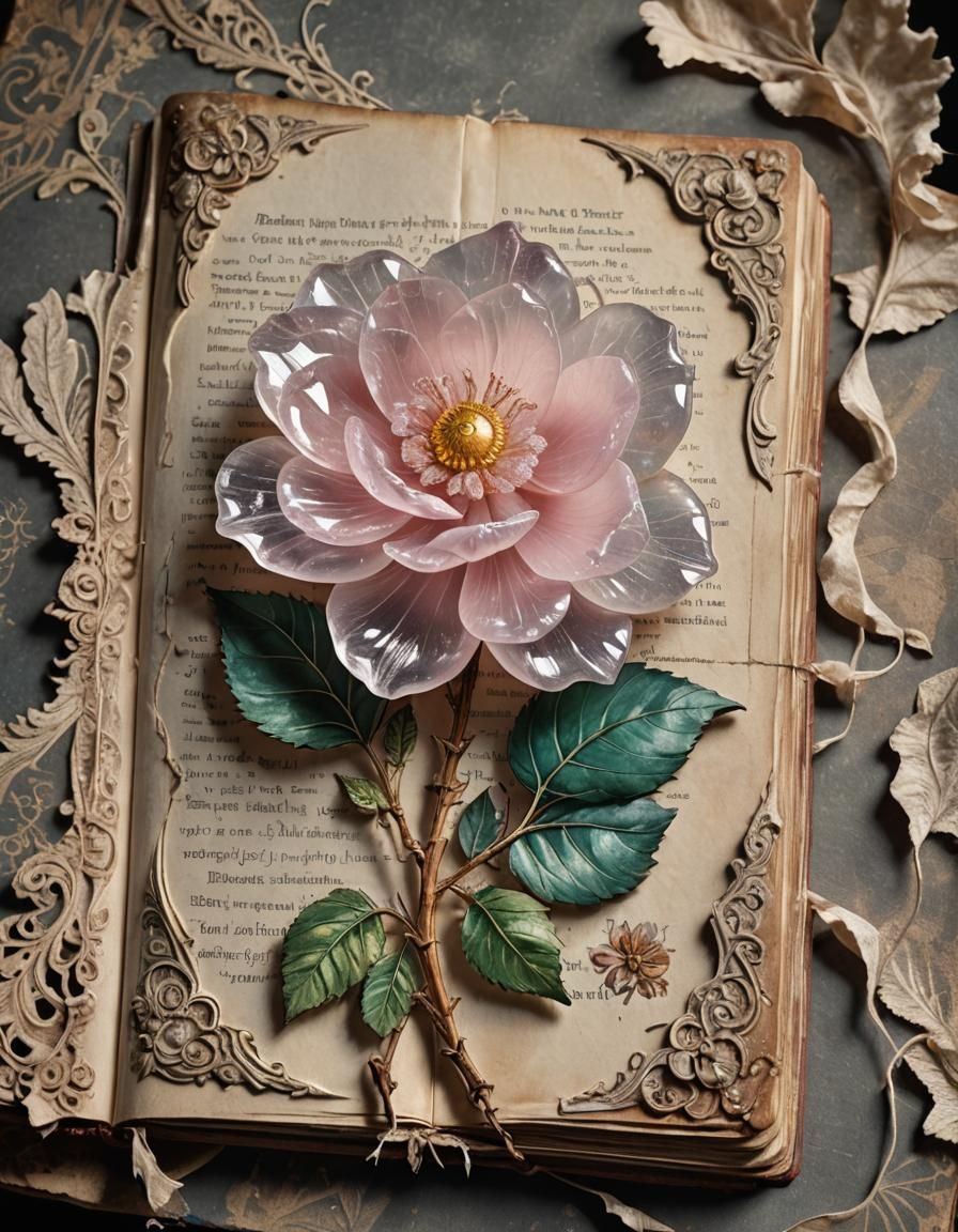 Rose Quartz Flower Still Life, 3D Crystal Art