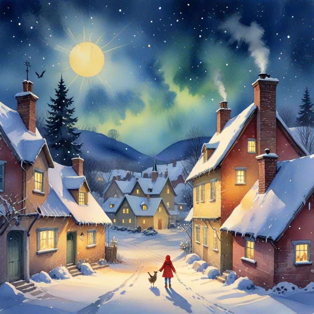 Snowy Village at Blue Hour with Emerald Aurora