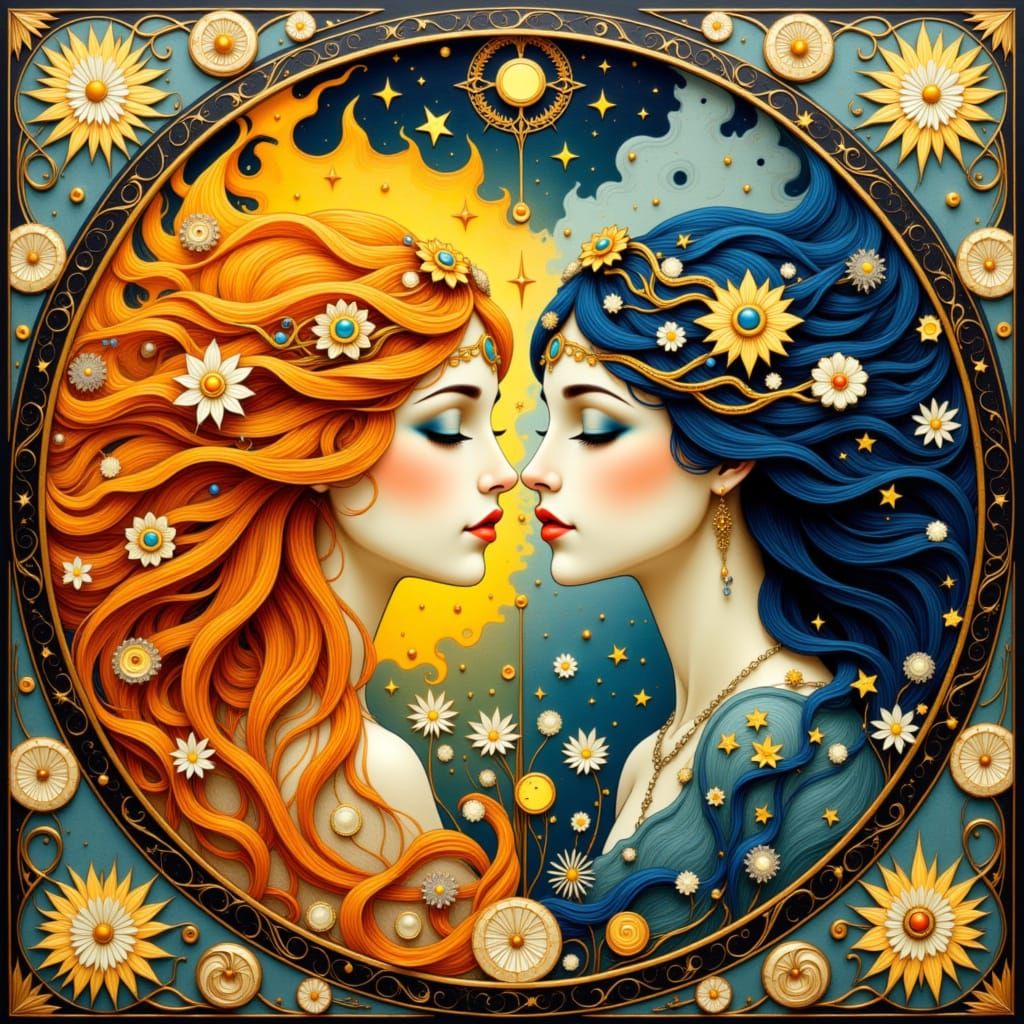 Twin Sun and Moon Emblem with Folk Art Nouveau Style