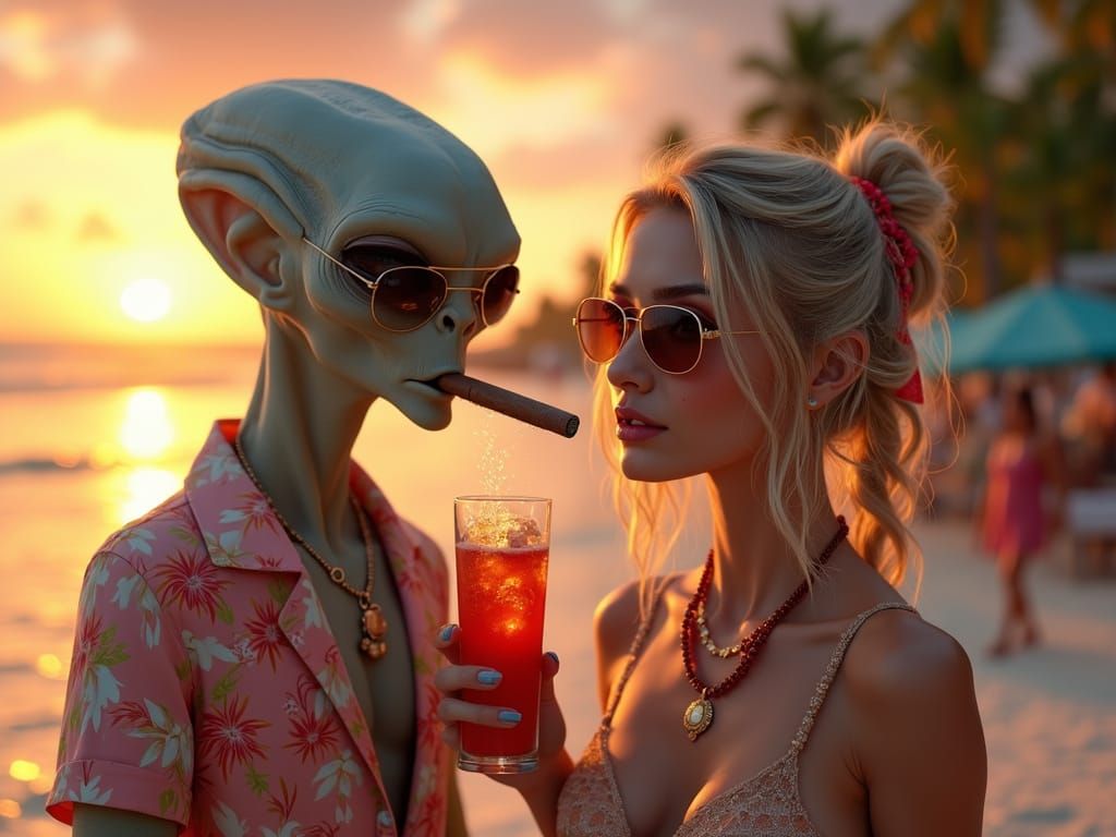 Alien Vacation on Tropical Beach in Hyperrealism