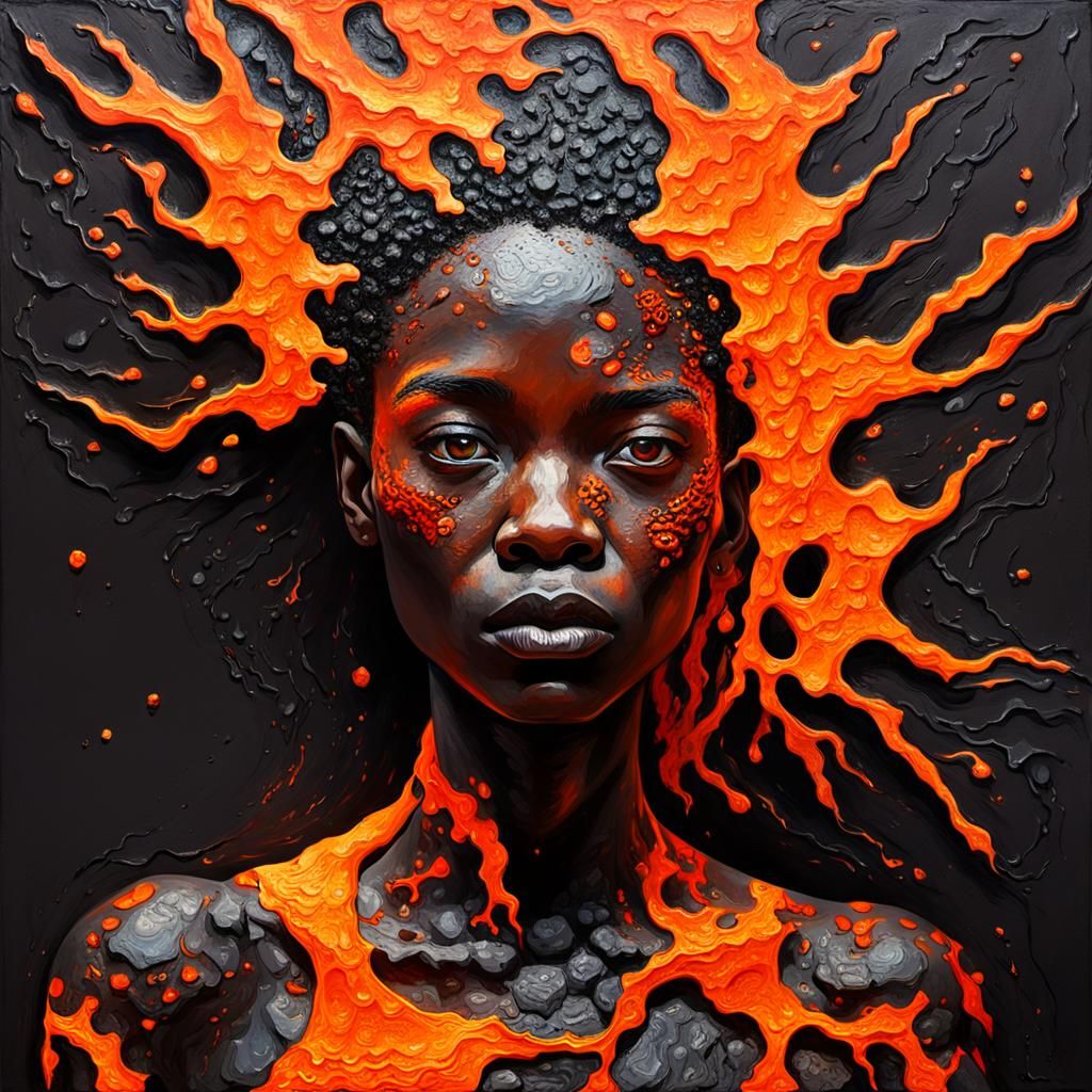 Volcanic Woman Portrait with Lava Cracks as Impasto Painting