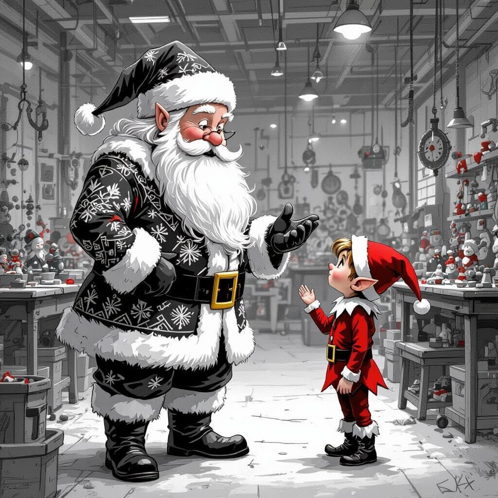 Father Christmas Argues with Elf in Charcoal Drawing Style