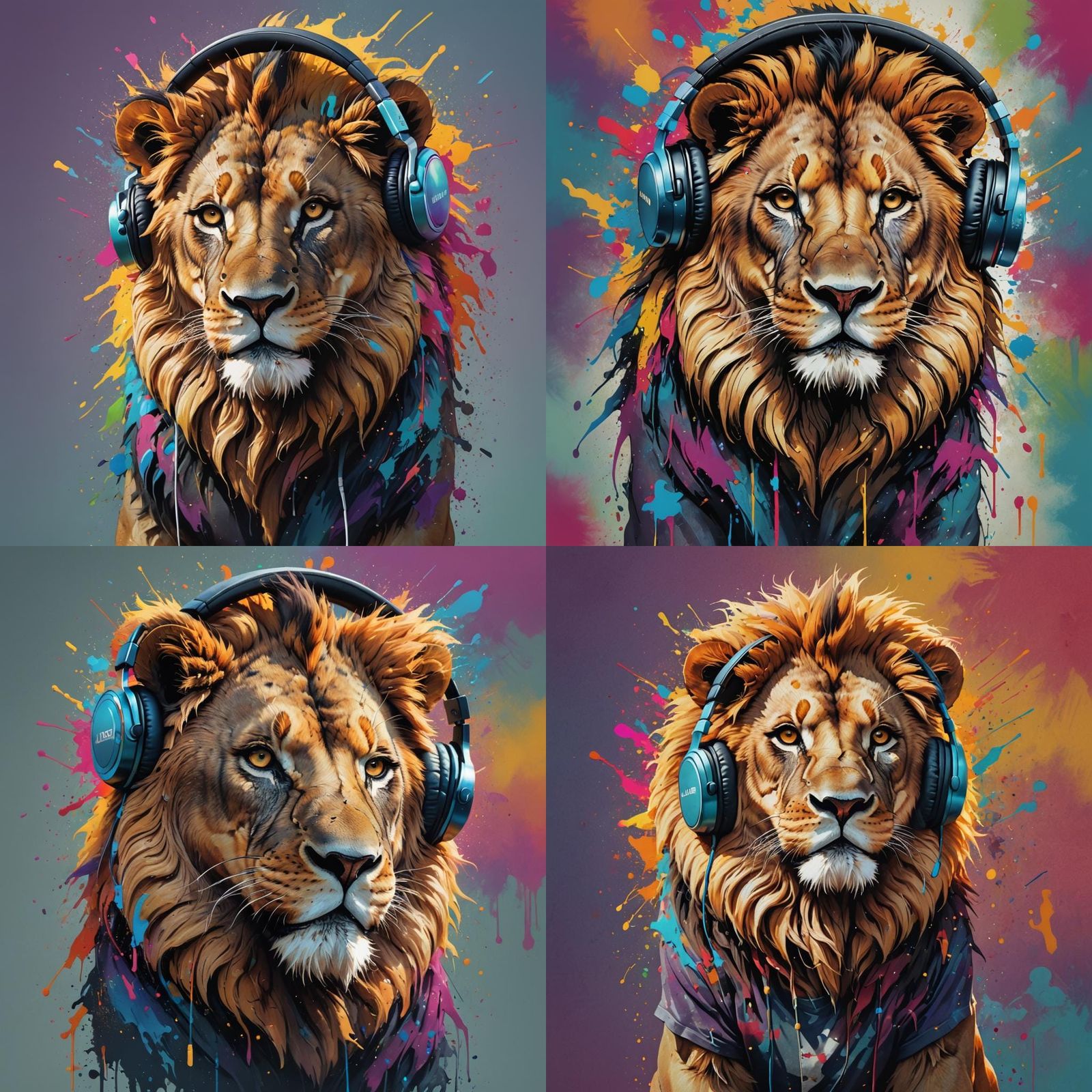 Lion with Headphones in Hyperrealistic Splash Art
