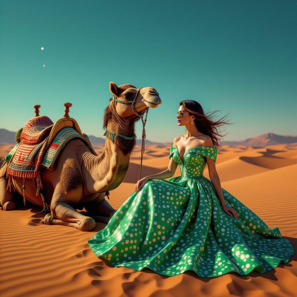 Woman and Camel in Cyberpunk Desert Landscape