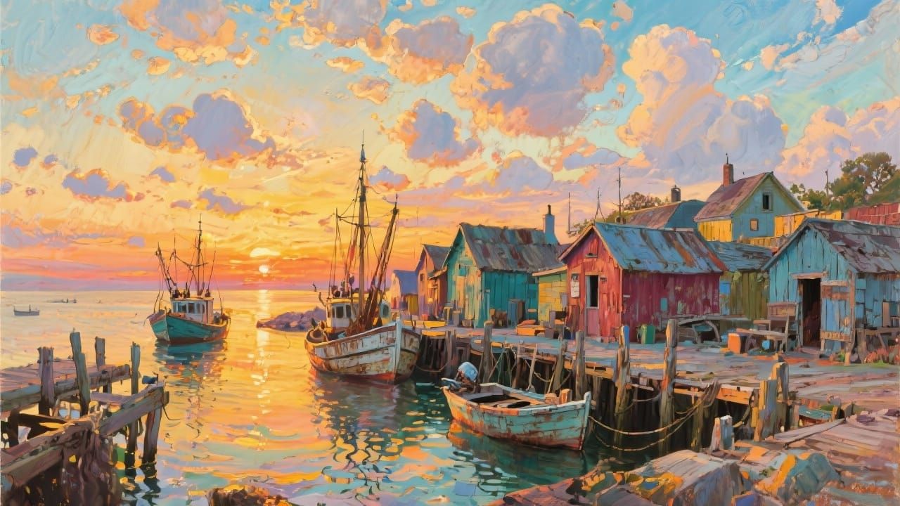 Seaside Village Sunset Oil Painting
