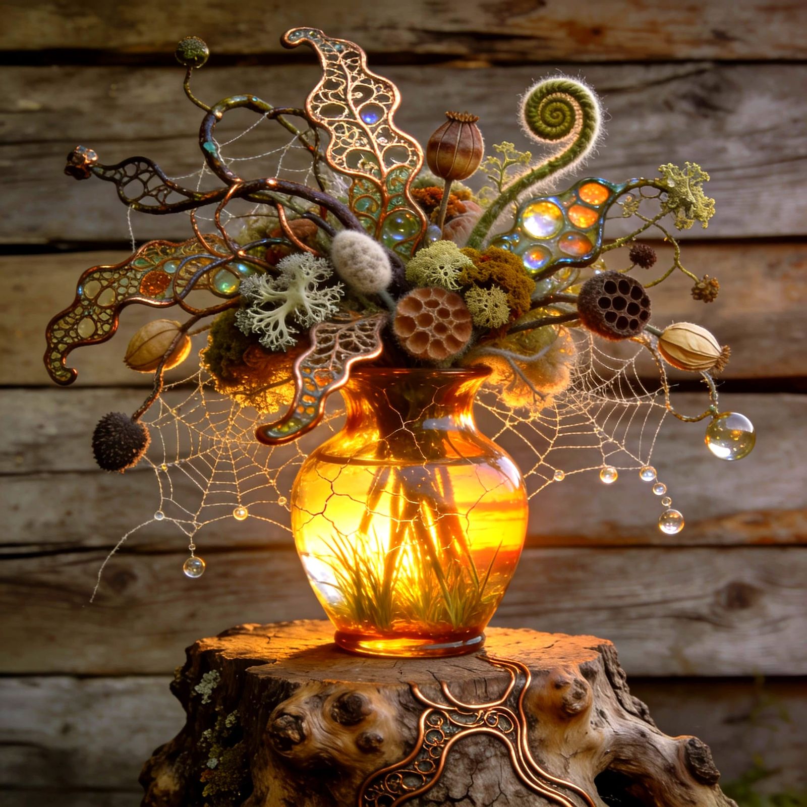 Intricate Raku Glass Bouquet on Rustic Stump