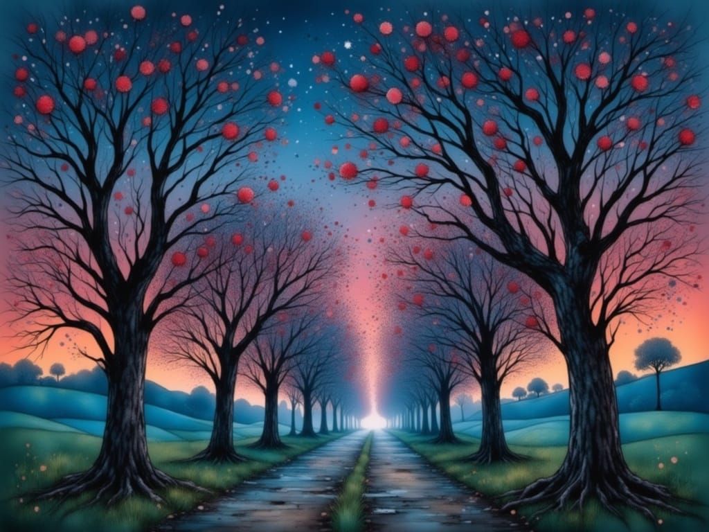 Surreal Cherry Blossom Avenue in Whimsical Landscape