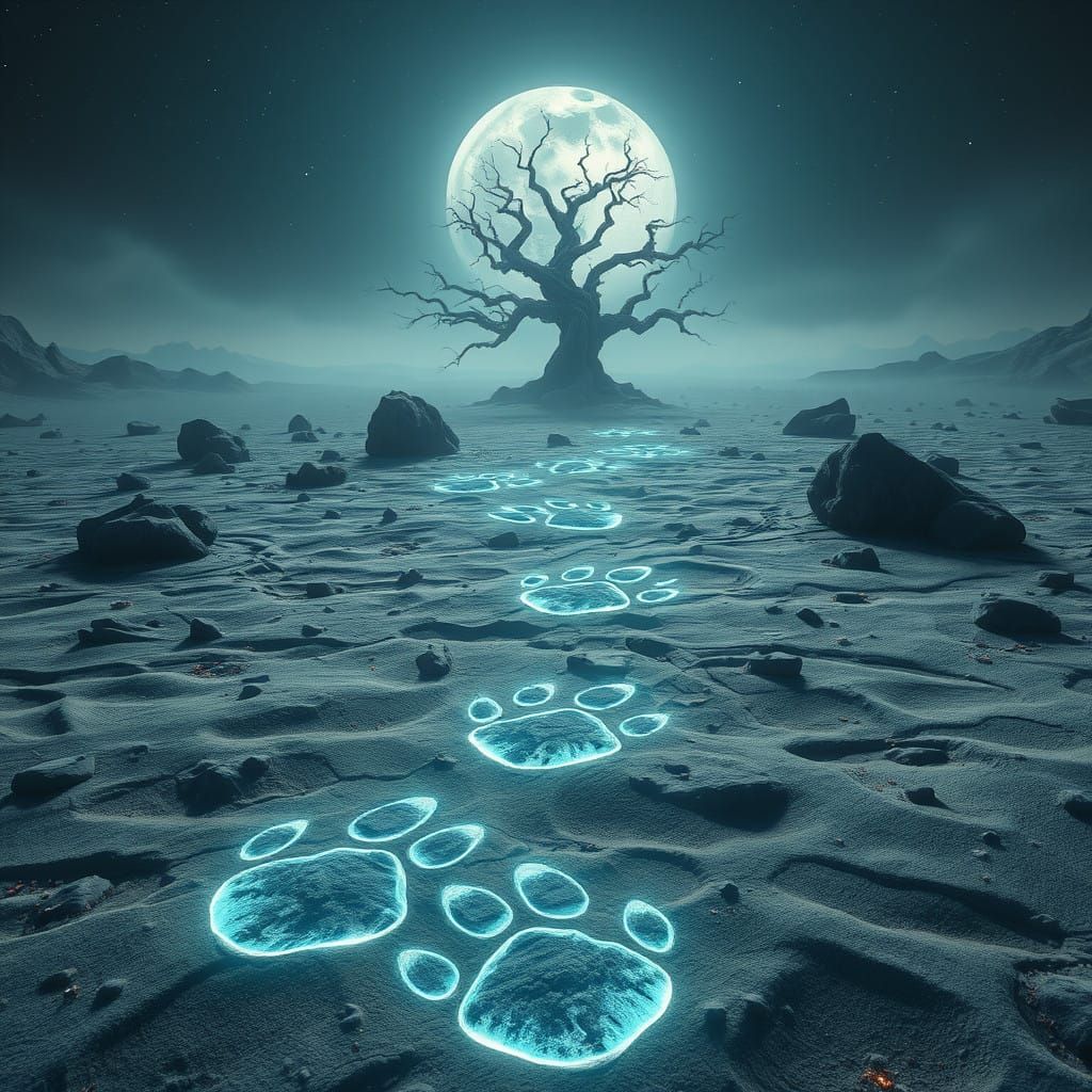 Dreamlike Lunar Landscape with Glowing Paw Marks
