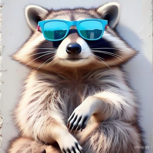 Cute Cartoon Raccoon Wears Sporty Sunglasses in Relaxing Pos...