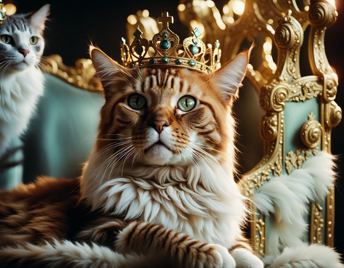 Regal Cat Queen on Throne in Cinematic Anime Style