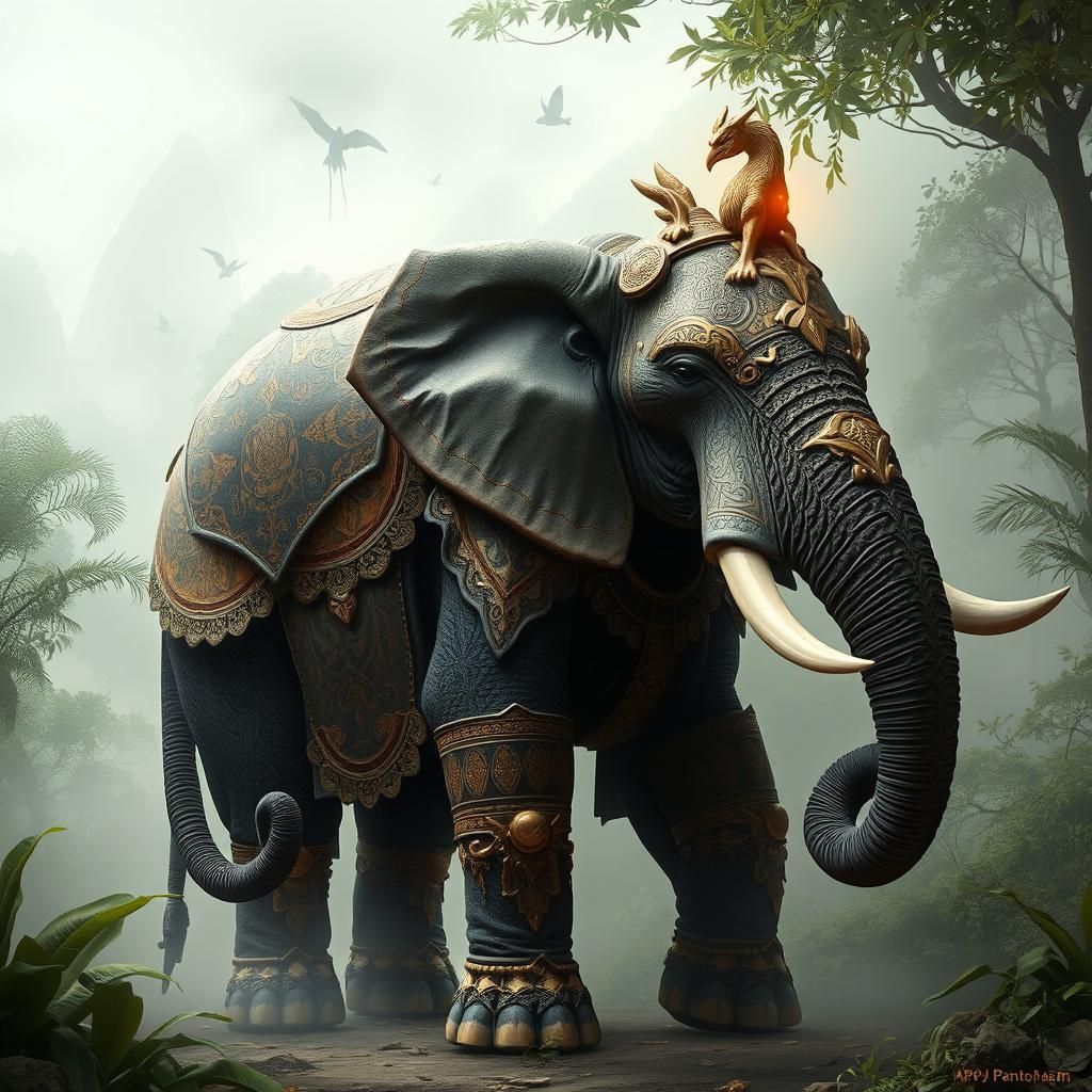 Armored Elephant Warrior in Ethereal Jungle Setting