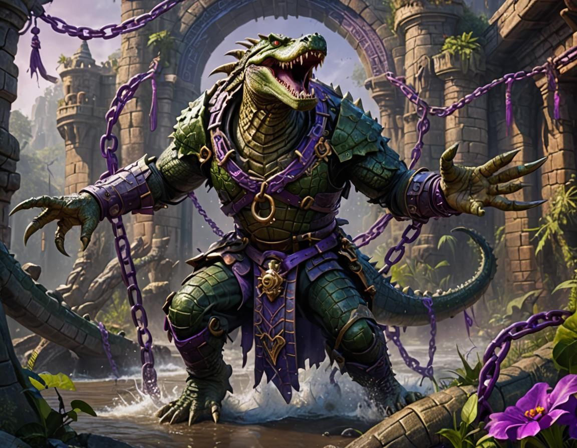 Crocodile Warrior Bound in Purple Iron Shackles