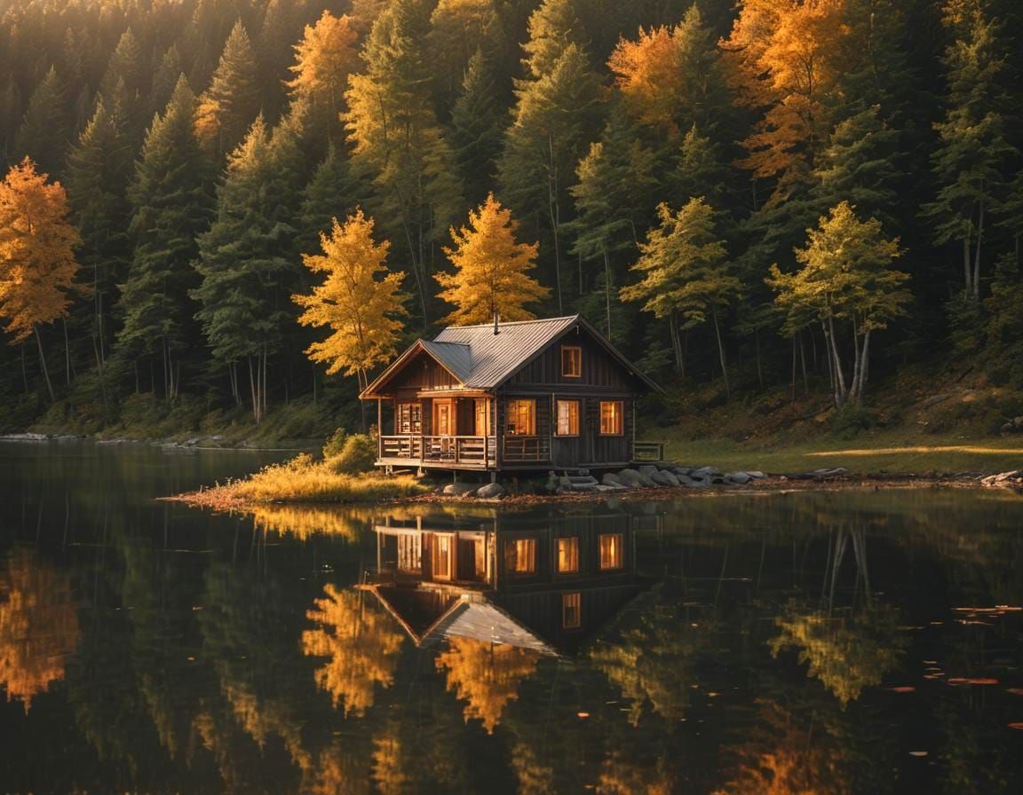 Lakeside Cabin at Sunset in Golden Light